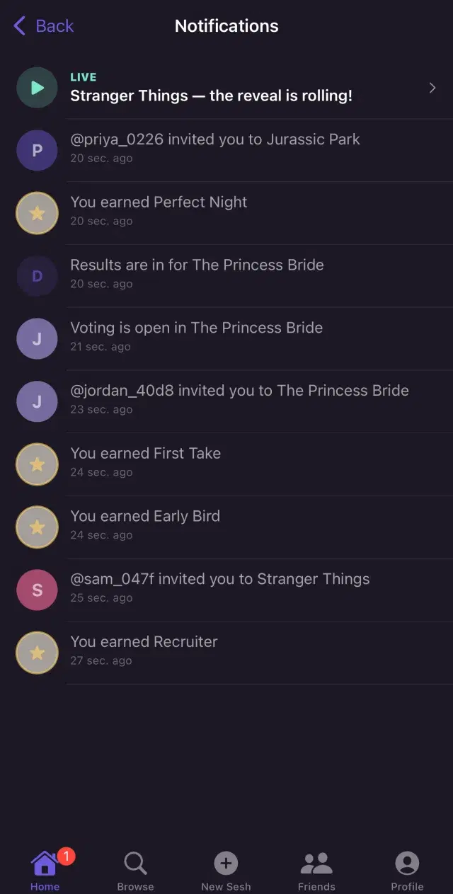 Dreambly notifications: the Stranger Things reveal is live, an invite to Jurassic Park, results for The Princess Bride, and a few badges earned.